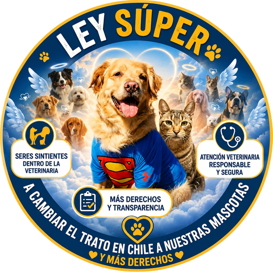 Emblema Ley Súper — a cambiar el trato en Chile a nuestras mascotas: seres sintientes dentro de la veterinaria, atención veterinaria responsable y segura, más derechos y transparencia
